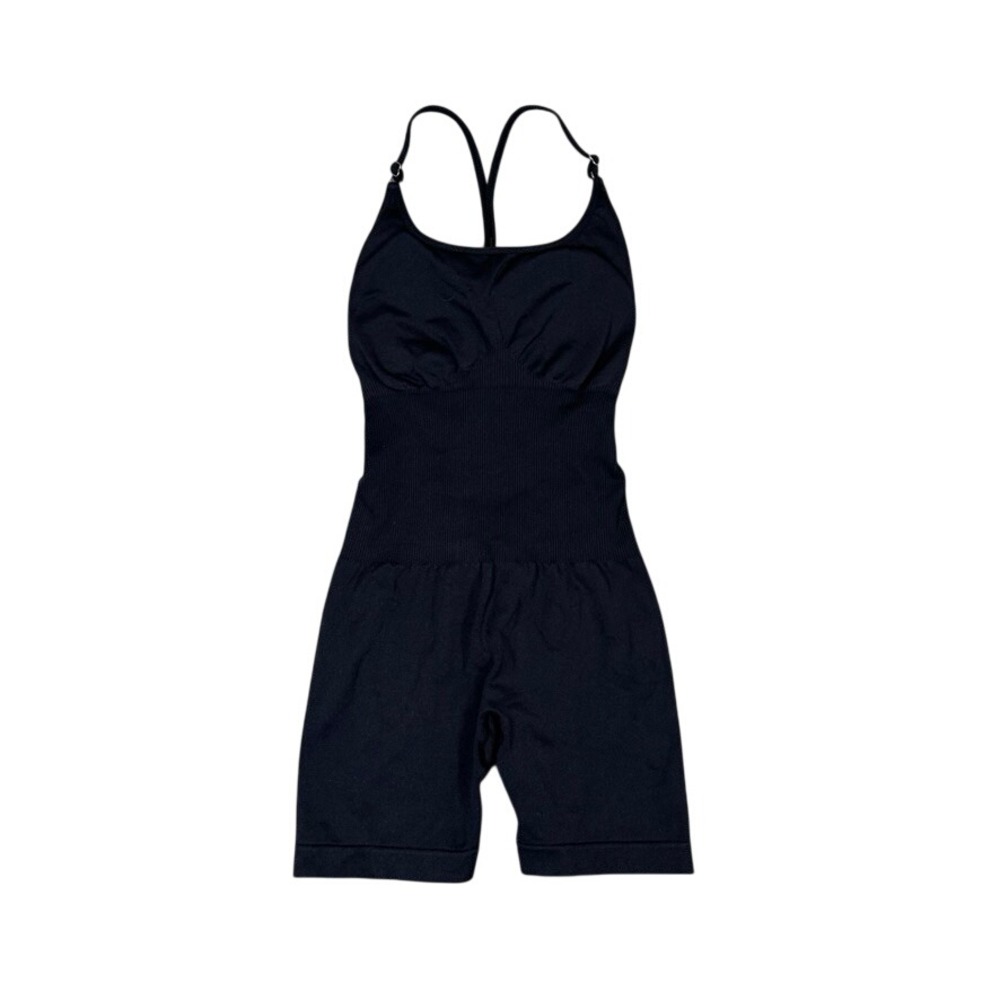 Black Seamless Ribbed Activewear Romper Open Back Scrunch Bum Small
